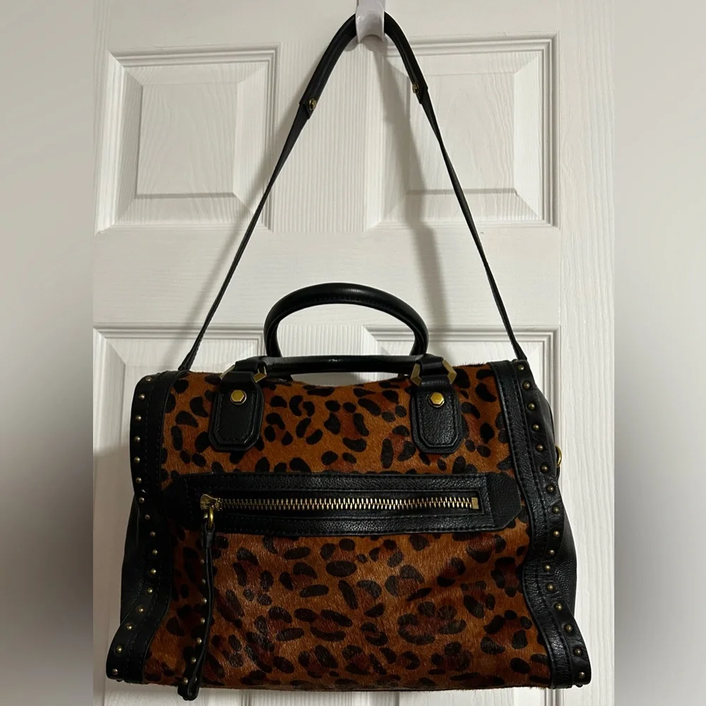 Leopard Print Satchel Handbag with Black Trim and Gold Accents